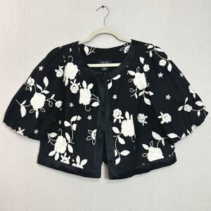 Karen Kane Cropped Bolero Jacket Black White Embroidered Floral Linen Blend M